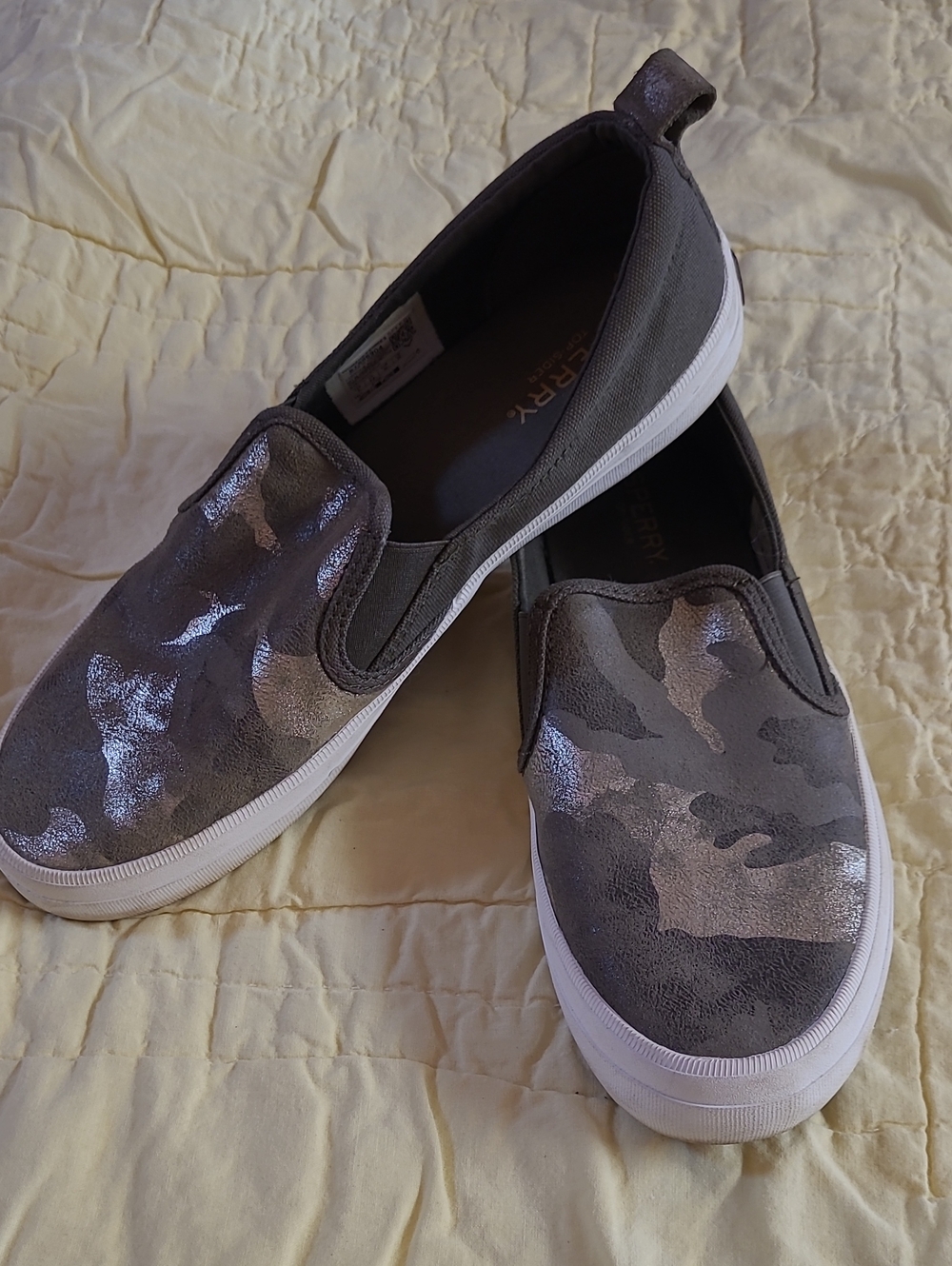 Sperry Gold, Green Camo Slip-On Flats